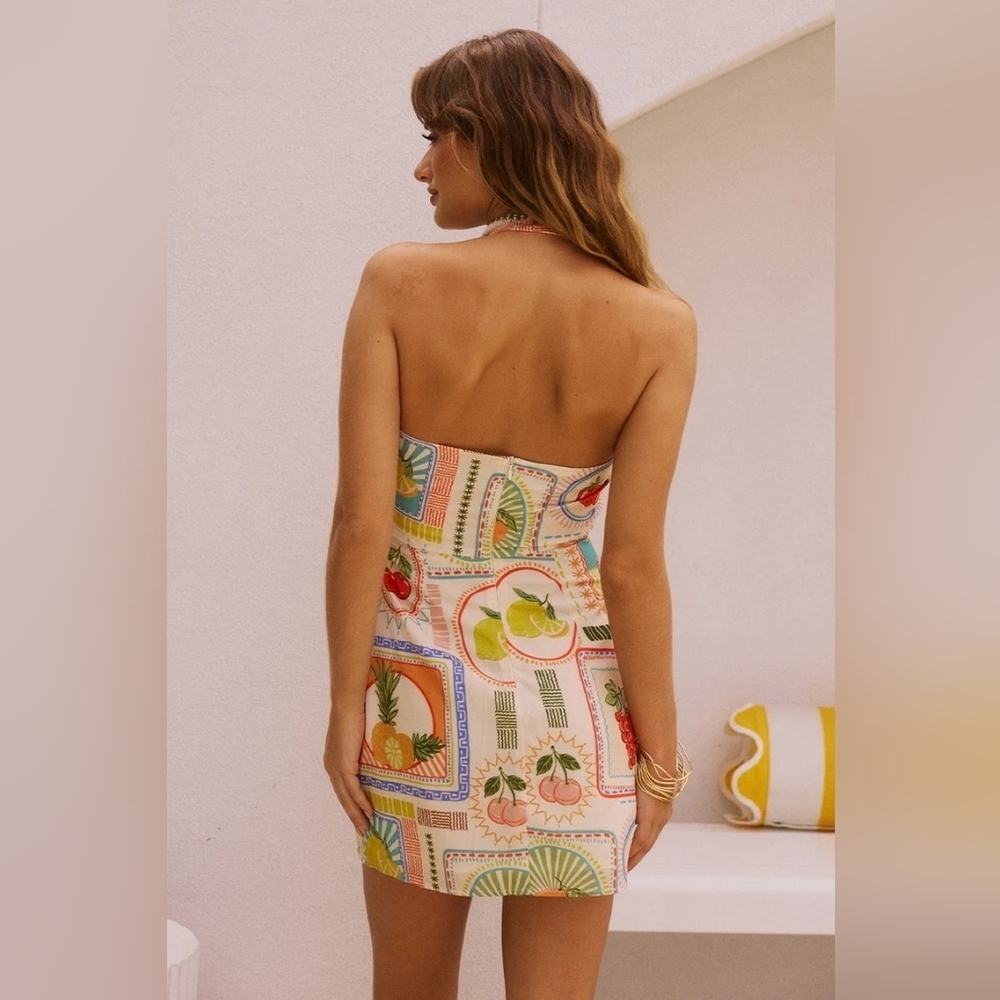 Seven Wonders Colorful Fruit Print Asymmetric Halter Fitted Agata Mini Dress - Picture 5 of 13